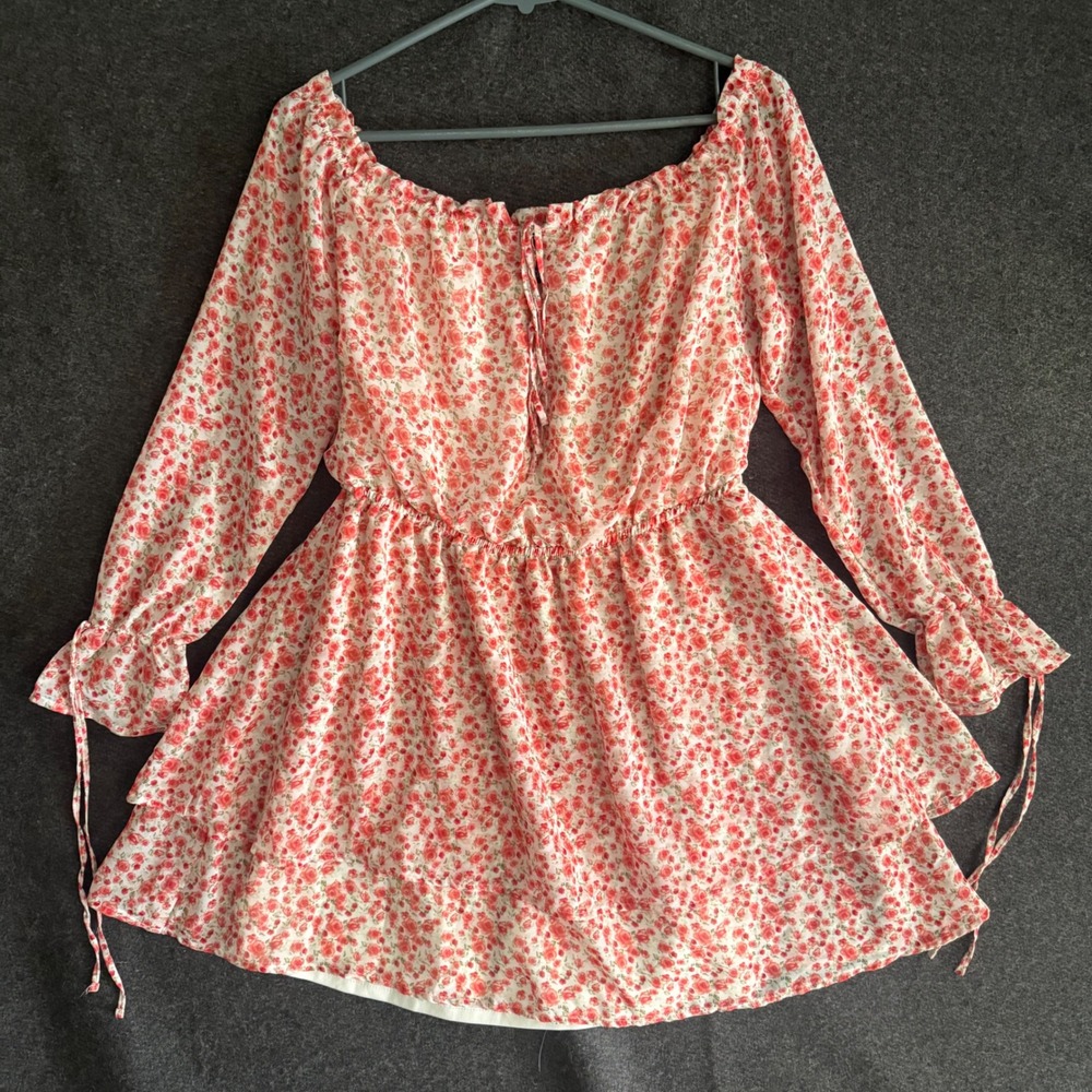 Floral Off Shoulder‎ Mini Dress Red Rose Ruffle Long Sleeve Tiered dainty boho
